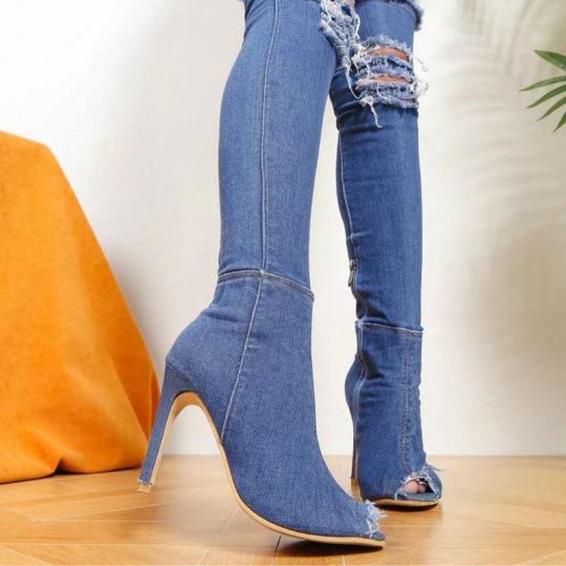 Schicke Jeans-Stiefel mit Absatz und Spitzendetail - Summer