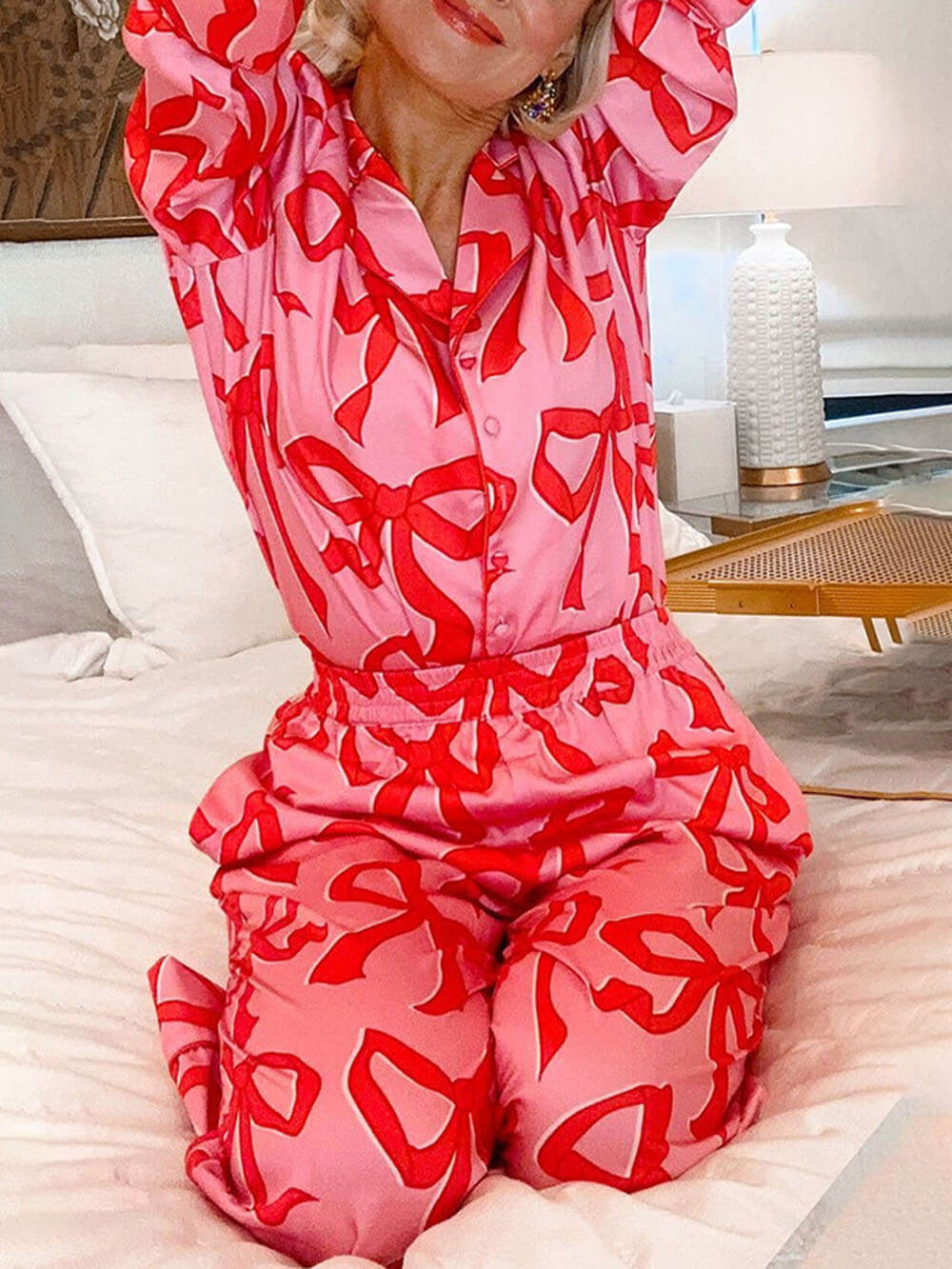 Rosa Pyjama-Set mit roten Schleifen - Selina