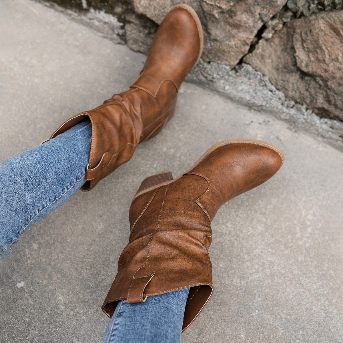 PU Leder niedriger Absatz rutschfeste Damen Cowboystiefel - Abrela