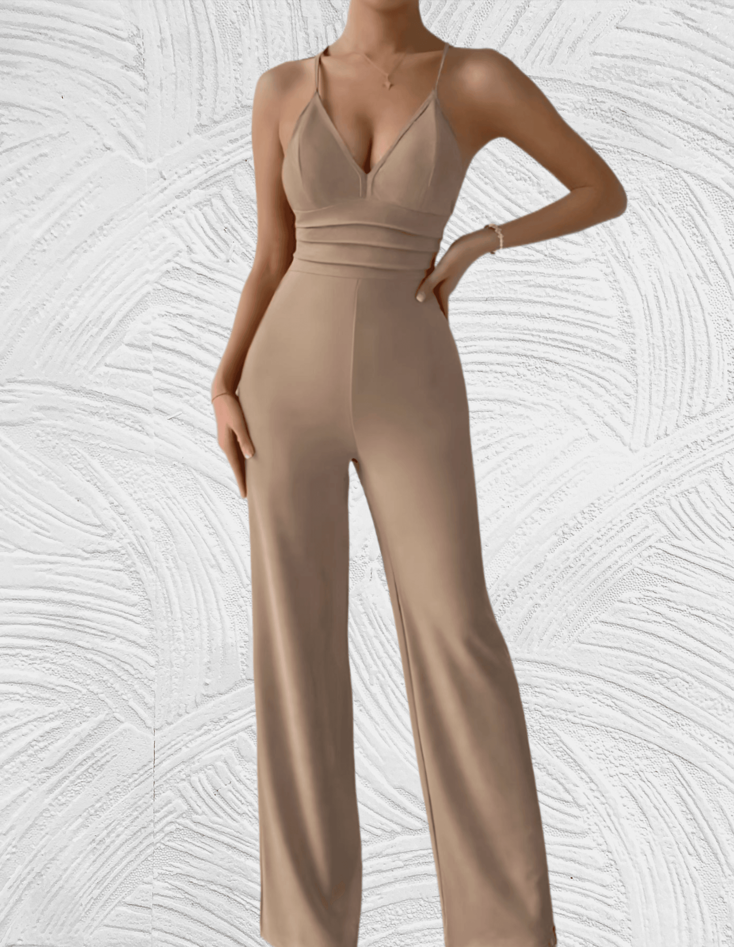 Jumpsuit mit tiefem V-Ausschnitt, ärmellos, rückenfrei und weitem Bein - Berrty