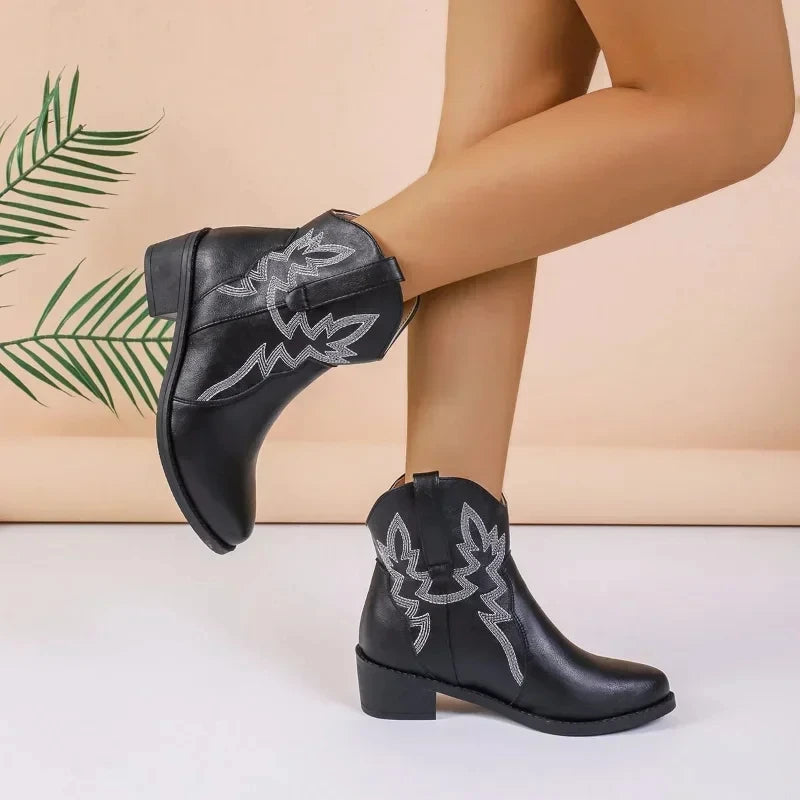 PU Leder niedriger Absatz rutschfeste Damen Cowboystiefel - Herlen