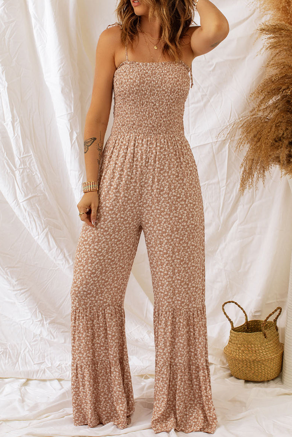 Penelope - Floraler Spaghettiträger Smocking Jumpsuit mit Weitem Bein