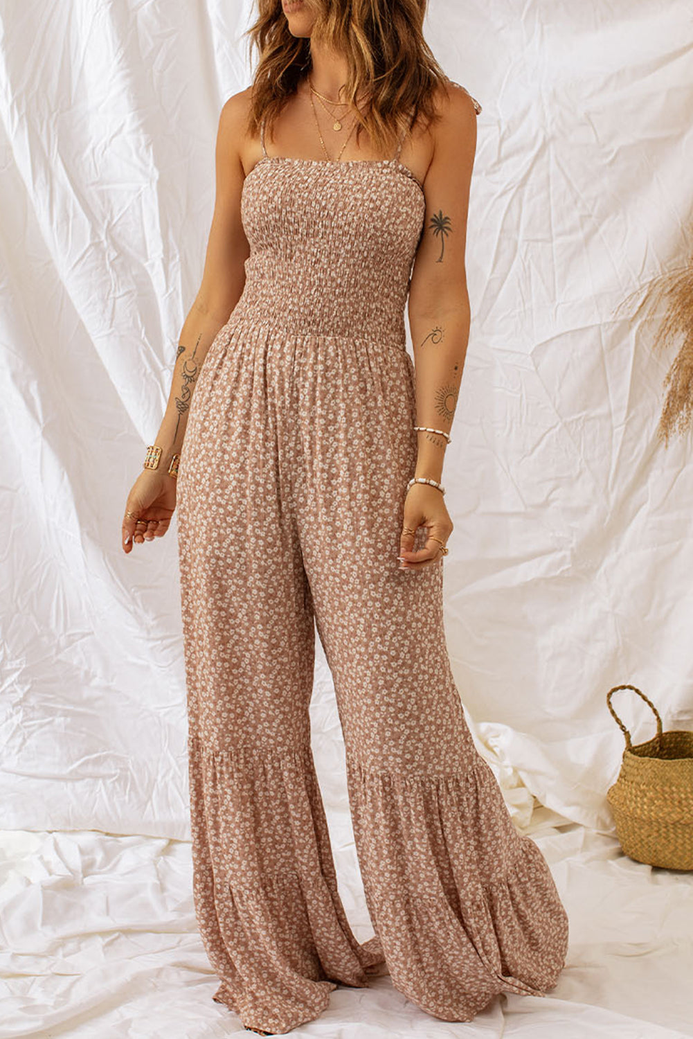 Penelope - Floraler Spaghettiträger Smocking Jumpsuit mit Weitem Bein